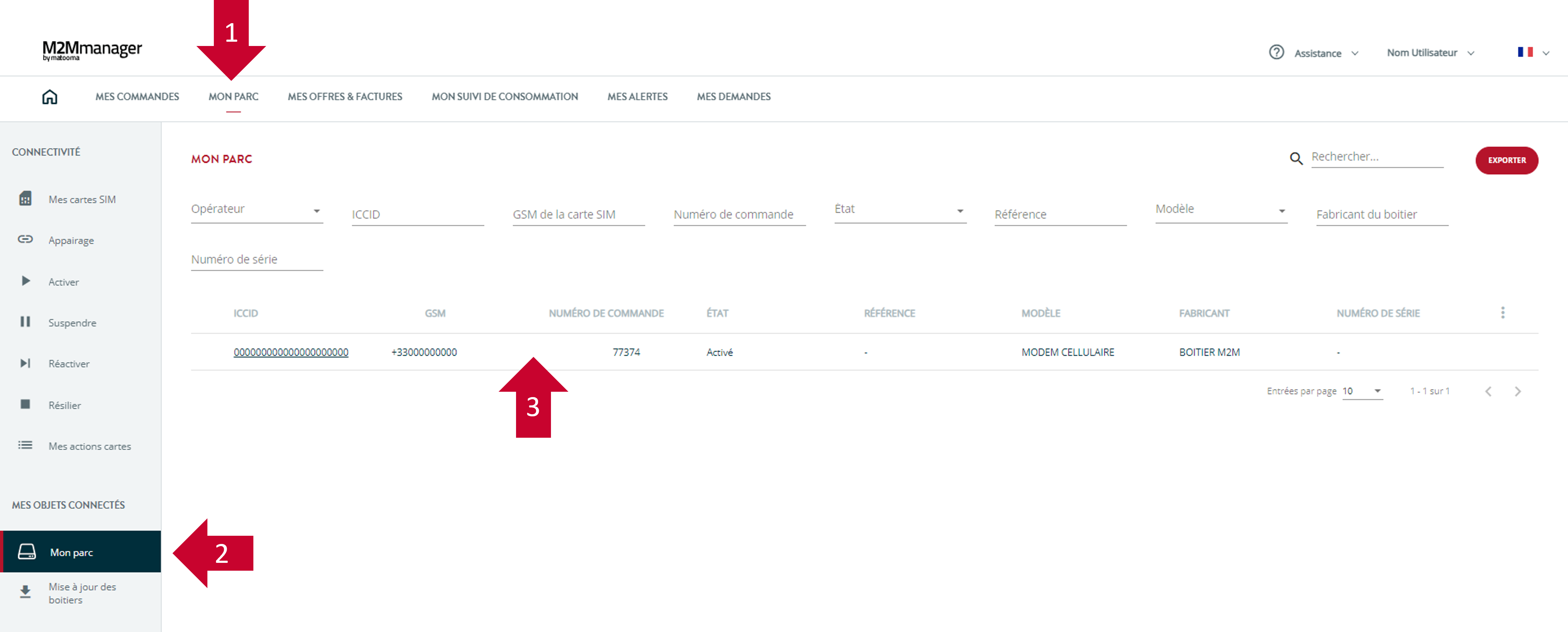 Plateforme M2Mmanager rubrique mon parc