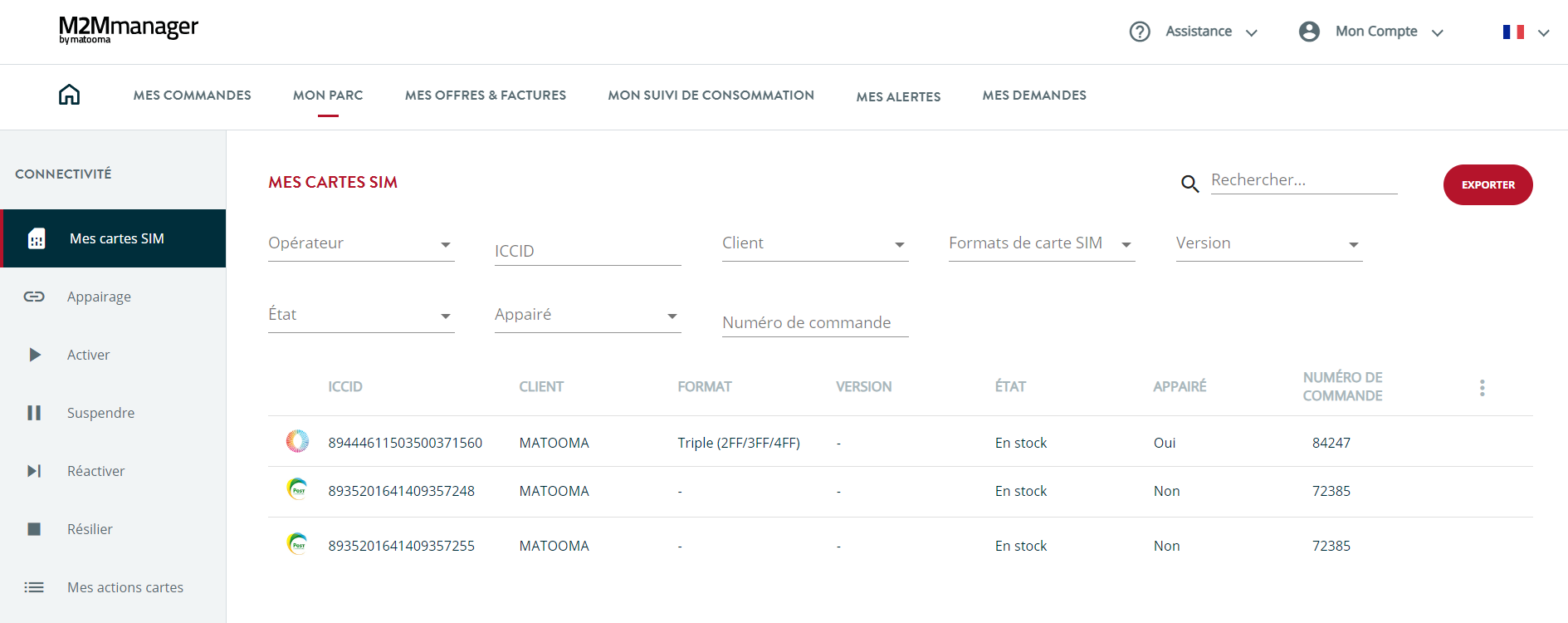 menu mes cartes SIM sur la plateforme M2Mmanager
