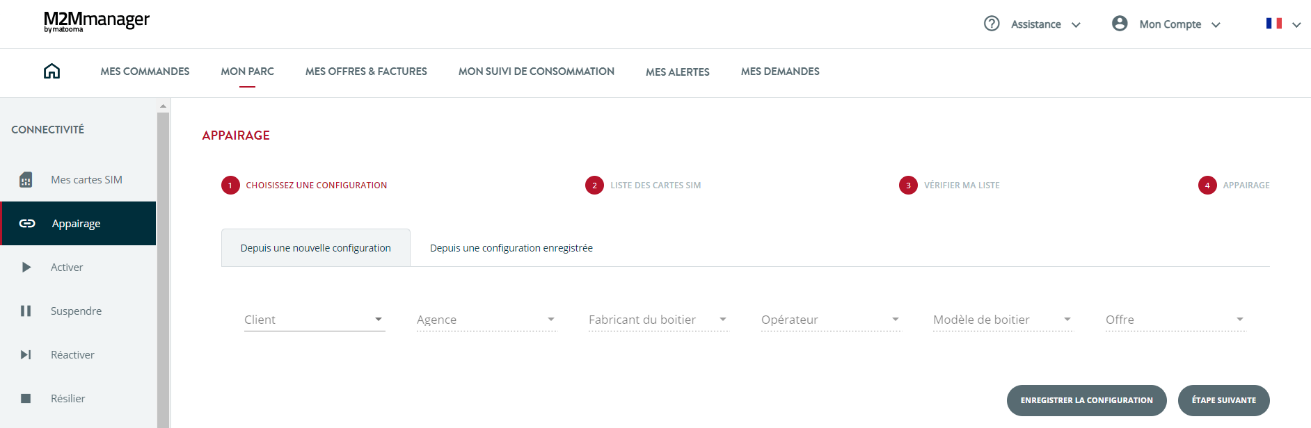 menu appairage sur le plateforme M2Mmanager