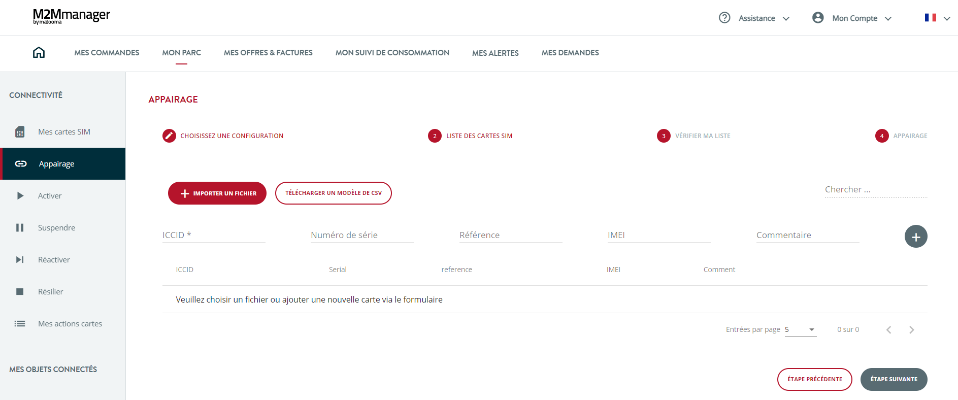 menu appairage ICCID de la plateforme M2Mmanager