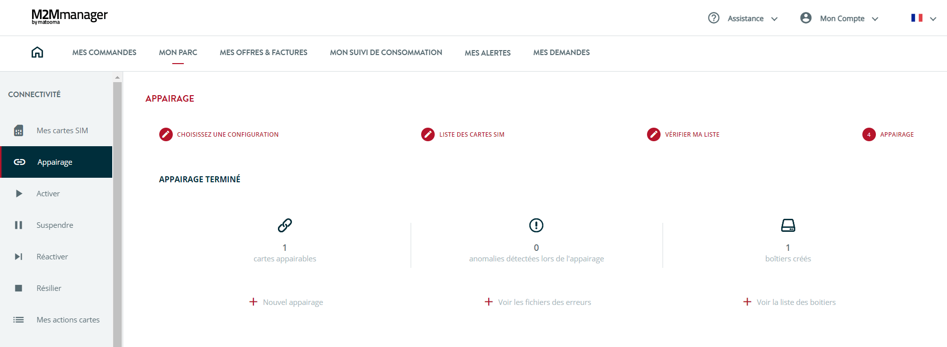 menu appairage terminé de la plateforme M2Mmanager