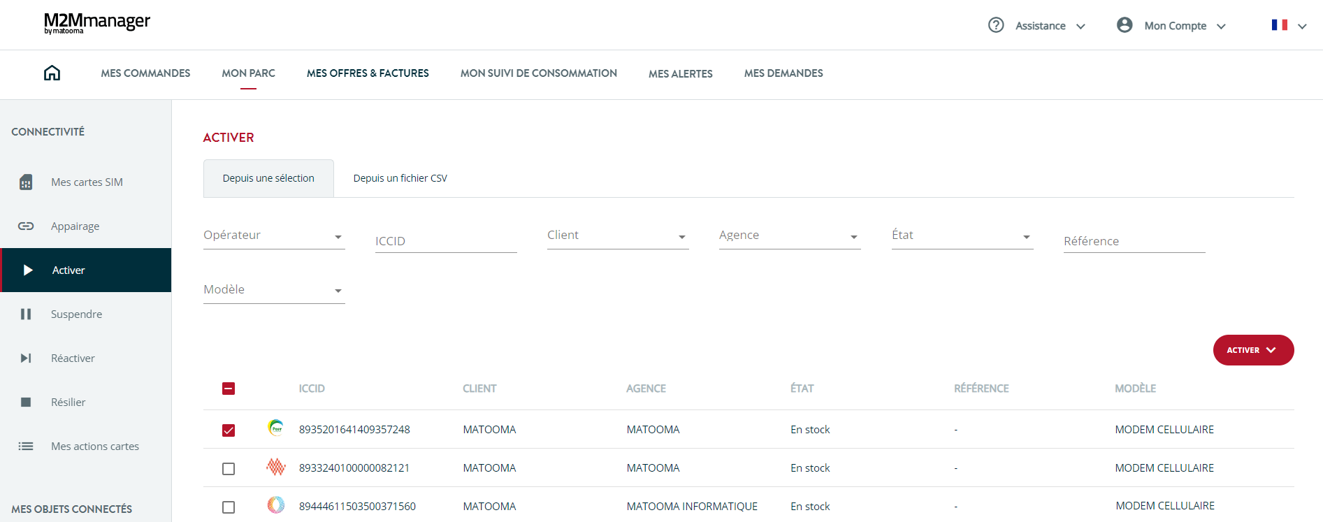 menu activer de la plateforme M2Mmanager