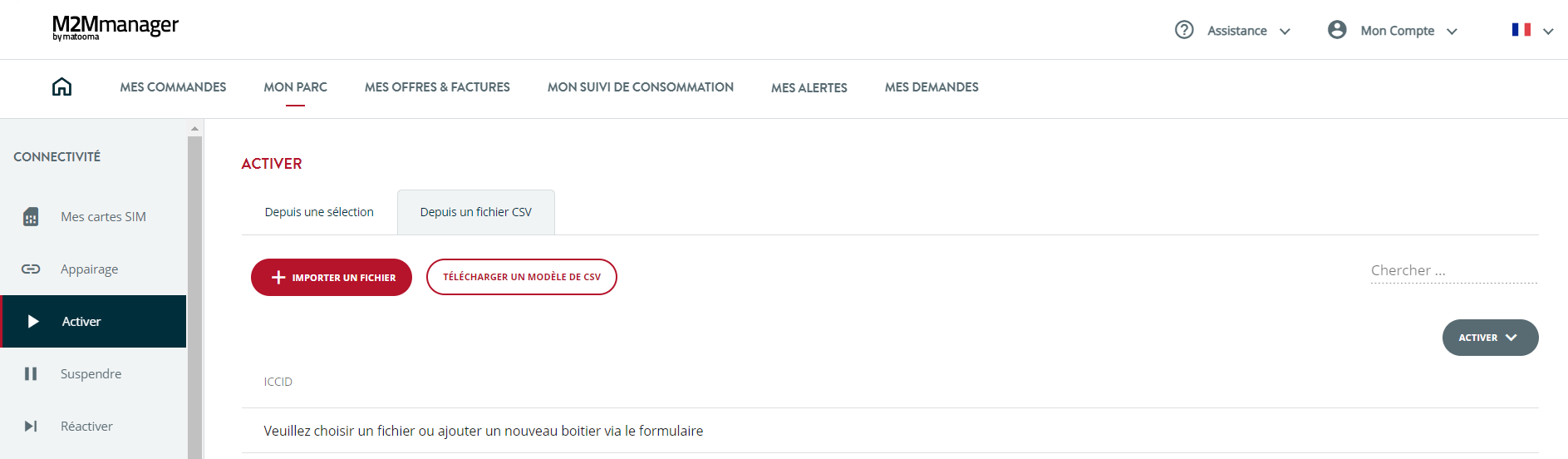 menu activer : depuis un fichier CSV de la plateforme M2Mmanager