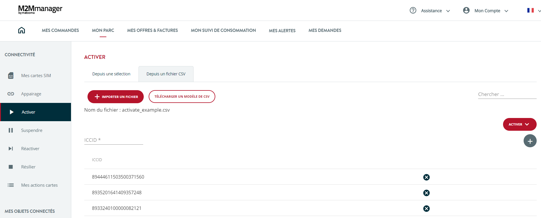 menu activer : depuis un fichier CSV de la plateforme M2Mmanager