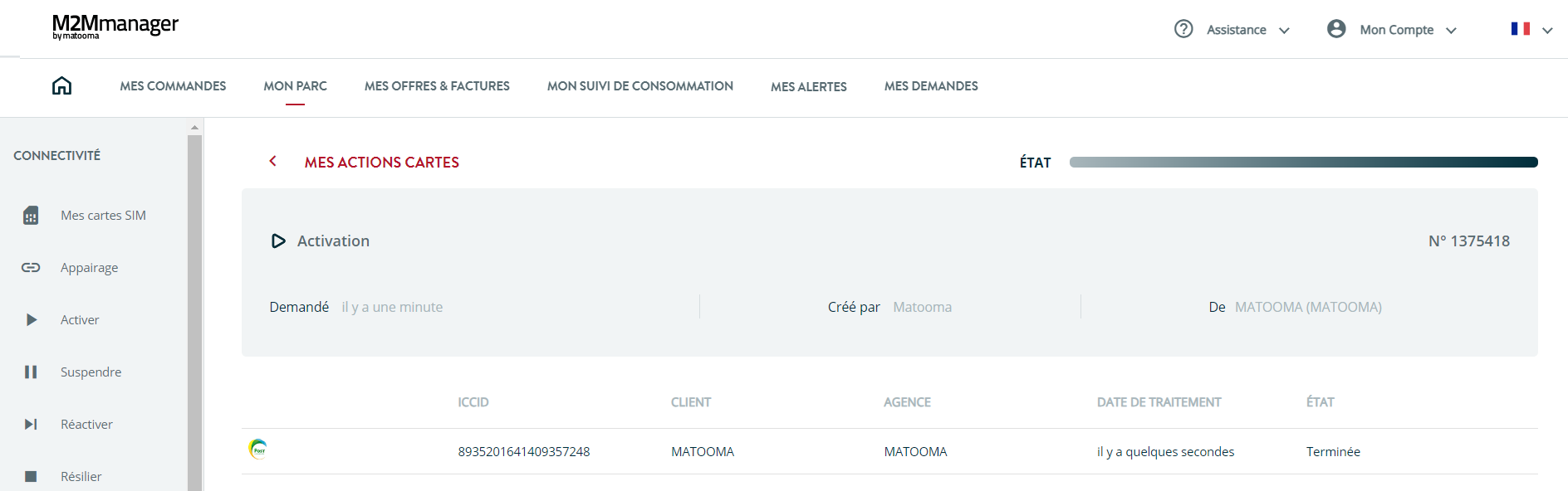 page récapitulative activation carte SIM de la plateforme M2Mmanager