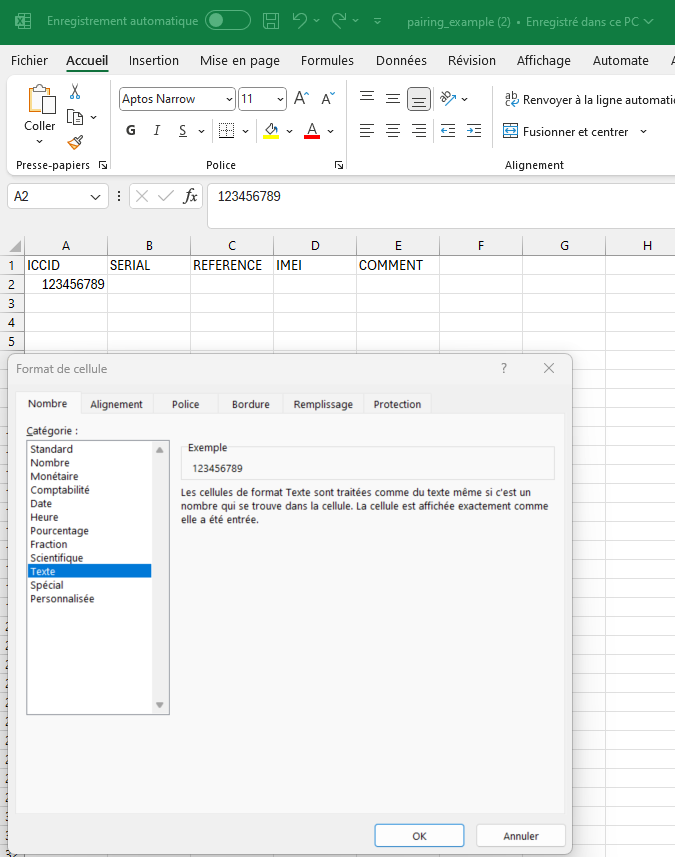 fichier CSV pour appairer les cartes SIM par lot
