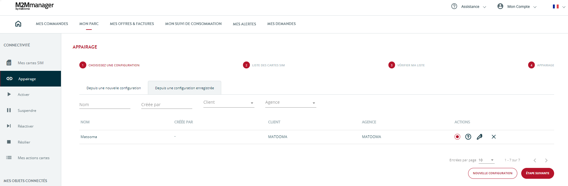 onglet depuis une configuration enregistree sur la plateforme M2Mmanager