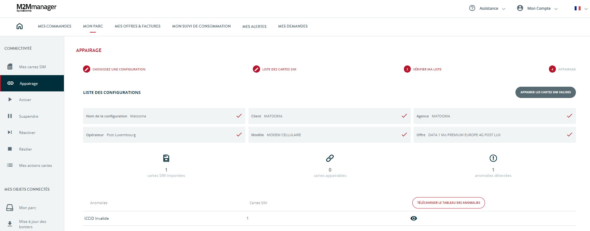 menu appairage : liste des cartes SIM de la plateforme M2Mmanager