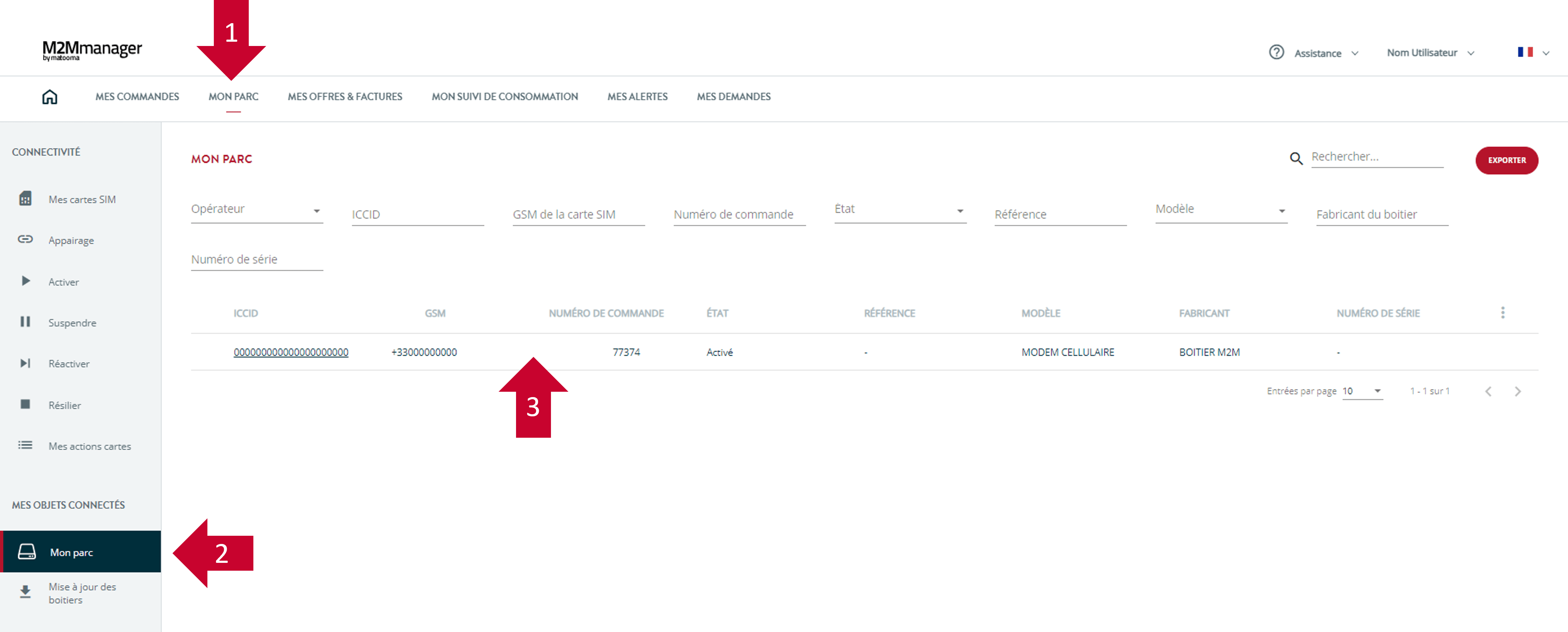 menu mon parc sur la plateforme M2Mmanager